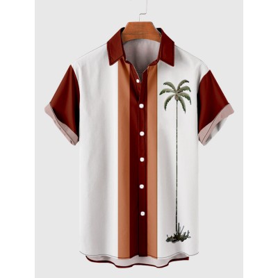 50s Orange & White Stitching Coconut Tree Printing Men's Short Sleeve Shirt