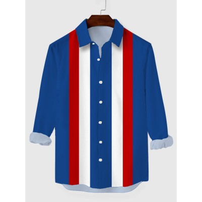 Vintage Blue & Red & White Stitching Printing Men's Long Sleeve Shirt
