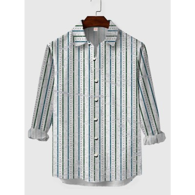 Vintage DarkCyan & Green Pinstripes Printing Men's Long Sleeve Shirt