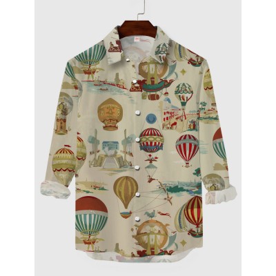 Vintage Around the World Hot Air Balloon Printing Men's Long Sleeve Shirt