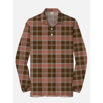 Plaid Series Vintage Brown Plaid 1980s or 1990s Men‘s Long Sleeve Polo