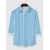 Stylish Blue Vertical Stripes Pattern Printing Men's Long Sleeve Shirt