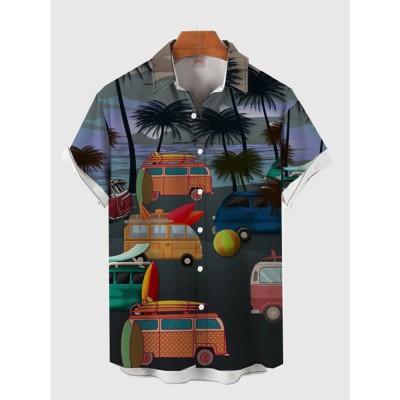 Full-Print Holiday Palm Tree and Graffiti Cars Printing Men's Short Sleeve Shirt