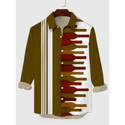 Vintage White & BrownGreen Stitching Art Bottles Printing Men's Long Sleeve Shirt