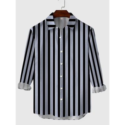 Vertical Stripe Black And ShadeBlue Stitching Button Down Men's Long Sleeve Shirt