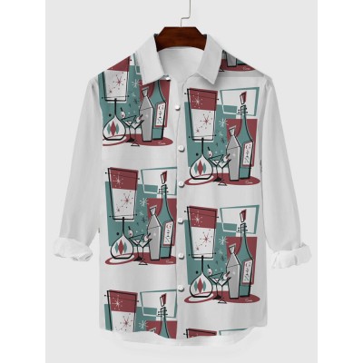 Comic Style Abstract Geometric Cup Pattern Printing Men's Long Sleeve Shirt